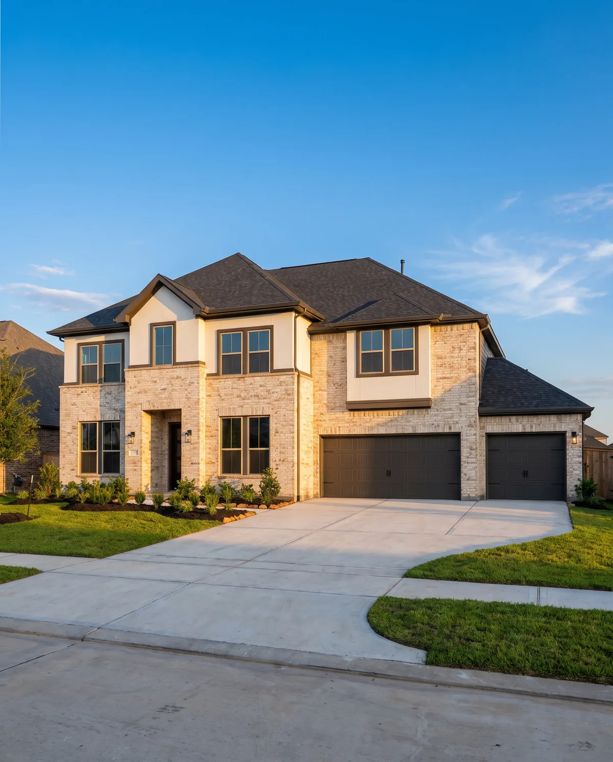 Front exterior of a two-story brick home with a shingle roof