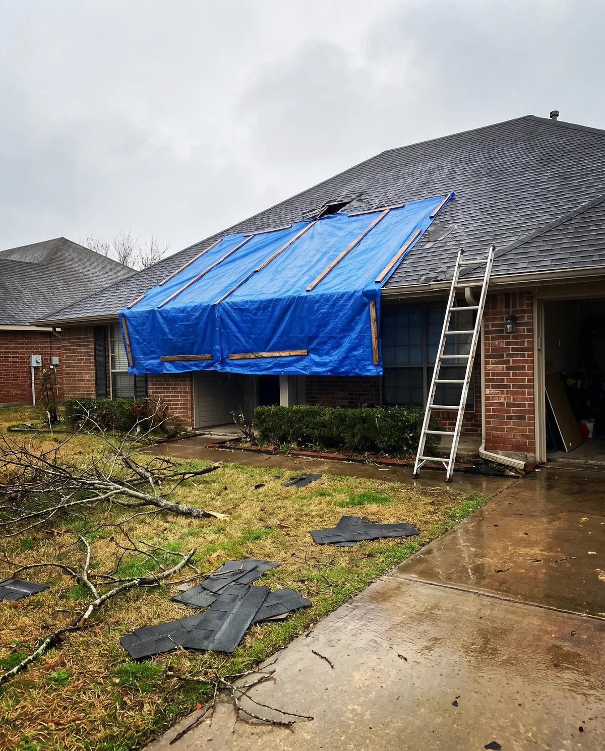 Blue tarp secured over a damaged section of a shingle roof after a storm