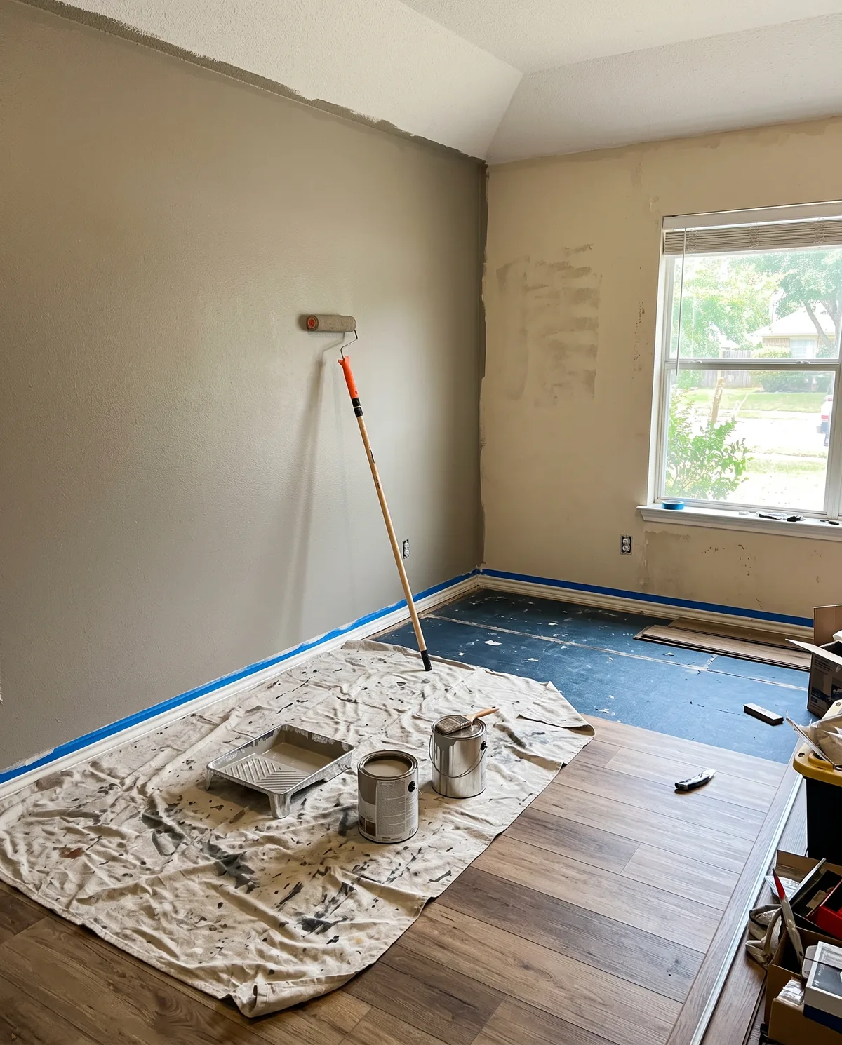 Cuarto en proceso de pintura sobre lonas protectoras, con piso nuevo tipo madera ya instalado