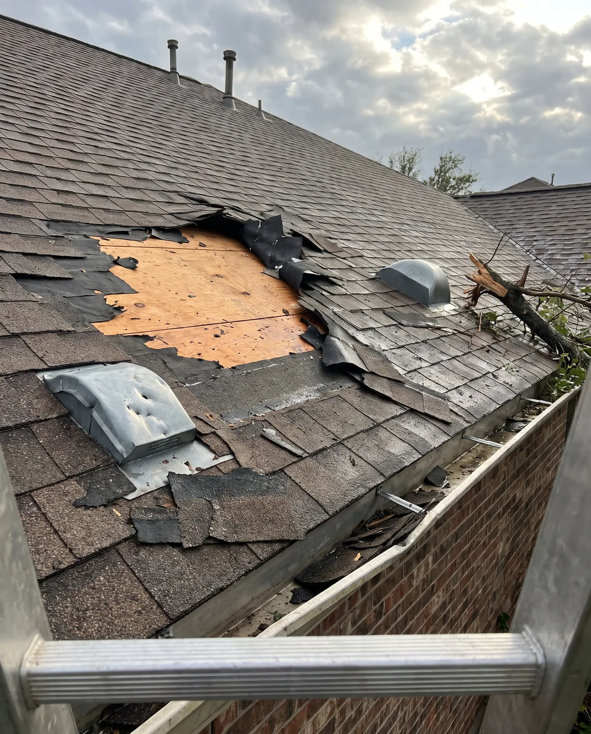 Techo dañado por tormenta con tejas faltantes y una rama caída